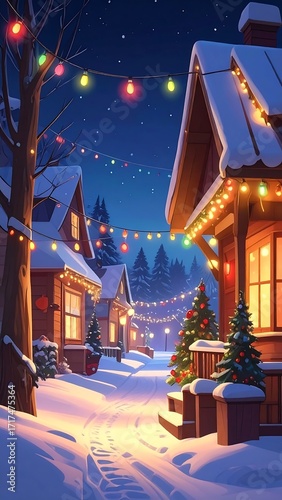 Snowy Christmas Town Evening Scene.