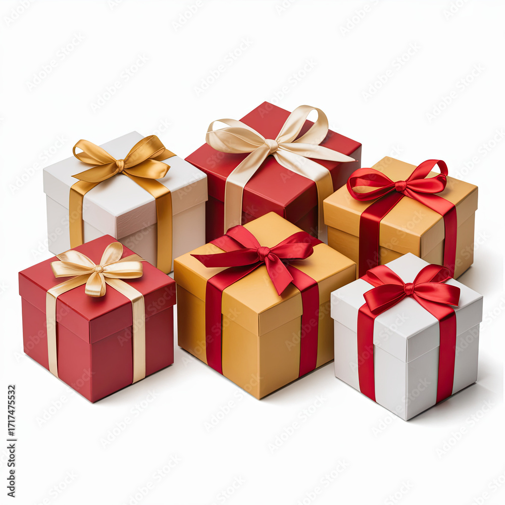 Obraz premium A group of colorful gift boxes tied with ribbons, arranged on a white surface, conveying a sense of celebration and generosity isolated on white background.