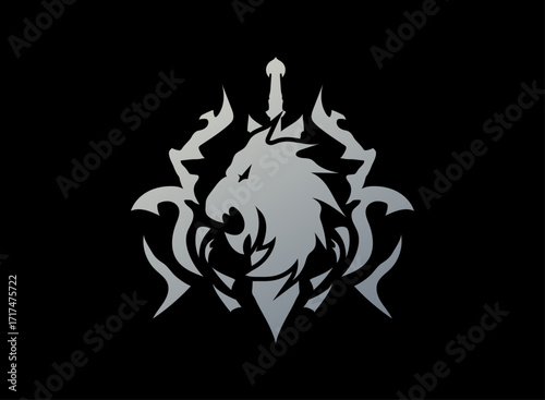 Fantasy Lion Emblem – Tribal Clan Crest Symbol with Sword for Medieval RPG Guild Banner and Trading Card Game TCG Vector Design