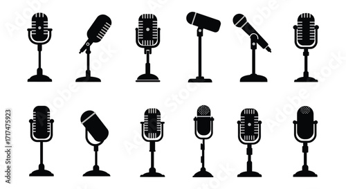 Collection of vintage and modern microphone silhouettes on a white background
