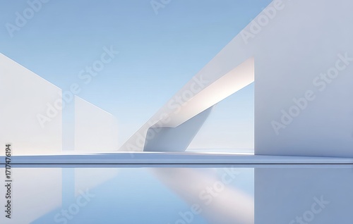 Minimalist architectural space with geometric white structures and reflective floor under clear blue sky