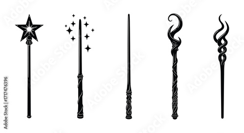 A collection of black and white magic wands and a sparkling star