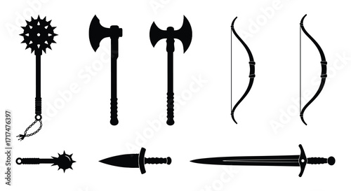A collection of medieval weaponry including axes swords and a mace
