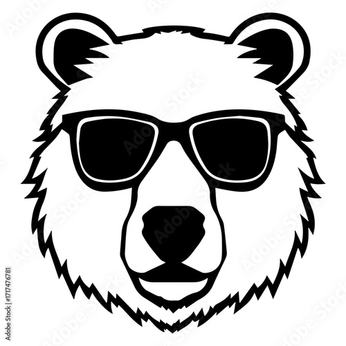 Illustration of a bear head wearing sunglasses in black and white with a clear background design style