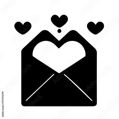 Black silhouette of an open envelope with a heart inside and three hearts floating above it in the air