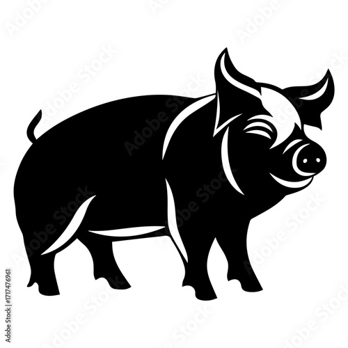 A black and white illustration of a pig standing with a curly tail and happy expression on its face