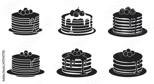 Black and white illustration of several tiered cakes with berries