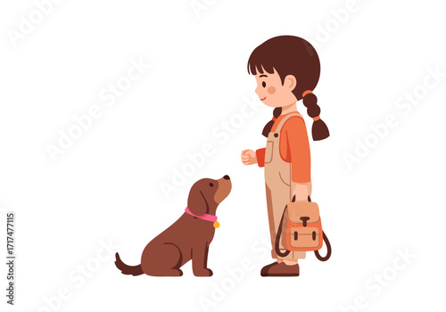 Charming illustration of a young girl training her obedient puppy, a scene of friendship