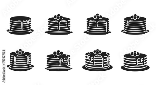 Black and white illustration depicting various stacked pancake icons with toppings