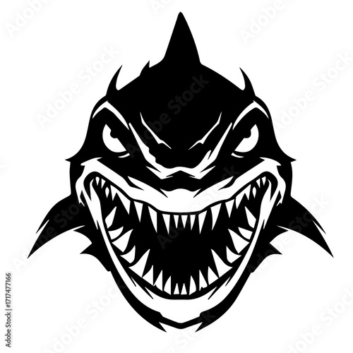 Illustration of a menacing shark head with sharp teeth and intense eyes on a white background image