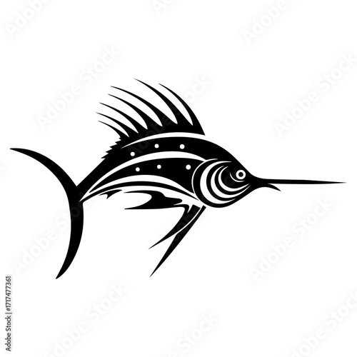 Stylized black and white marlin fish with prominent dorsal fin and elongated bill illustration design