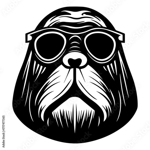 Illustration of a walrus head wearing sunglasses in black and white vector format design style