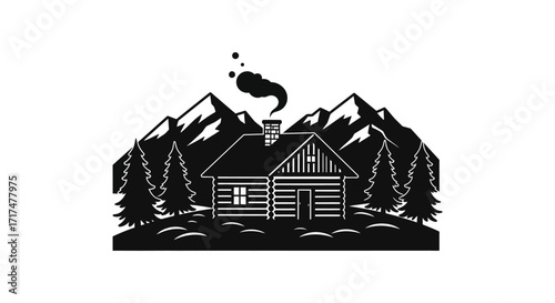 A cozy cabin nestled in mountains with evergreen trees simple design