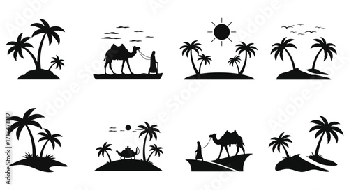 Desert oasis scenes with palm trees camels and sunny skies