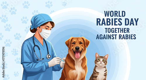 Veterinarian administering vaccine to dog and cat for world rabies day