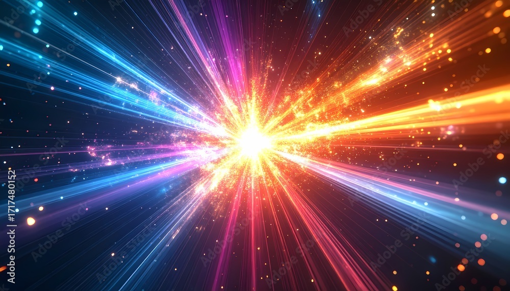Fototapeta premium Vibrant colorful light explosion with radiating rays and sparkling particles against a dark background, symbolizing energy and cosmic phenomena.