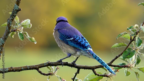 Beautiful blue jay bird perched on branch with leaves, vibrant colors of nature in autumn season, wildlife photography. Bright plumage and serene scene.