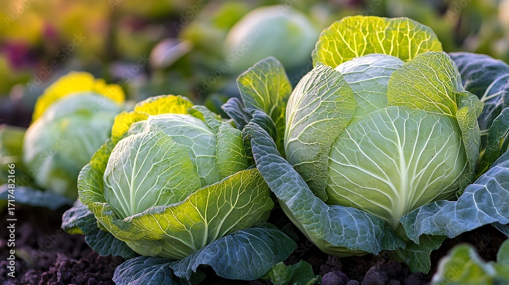 Obraz premium Fresh cabbages growing in a vibrant garden under warm sunlight during the height of summer