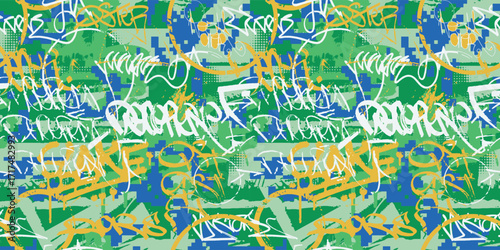 Graffiti seamless background with abstract colorful bright tags and letters. Fashion hand drawing texture, street art pattern, old school hip hop style design for t shirt, textile. Vector