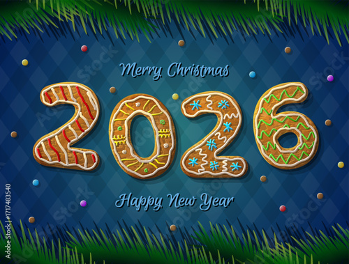 Card of New Year 2026 in shape of gingerbread. Cookies with pine branches on striped background. Vector illustration for new years day, christmas, winter holiday, new years eve, silvester, etc