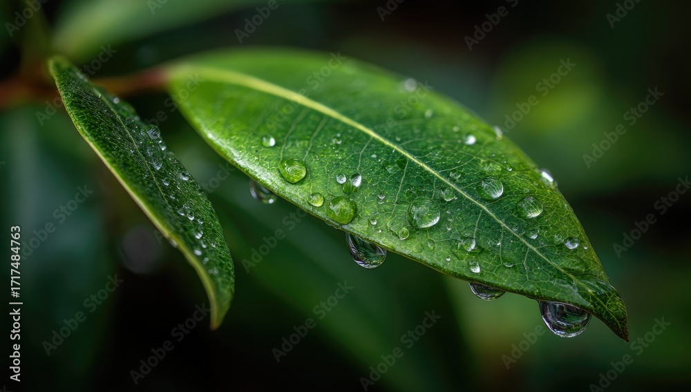 Fototapeta premium Close-up of a vibrant green leaf, glistening with water droplets. Dark, out-of-focus background