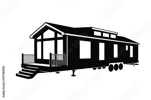 Silhouette of a modern tiny house on wheels with a porch