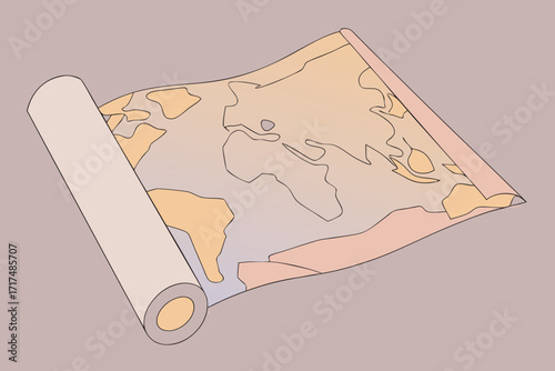 World Map Scroll on Muted map of Background parchment illustration