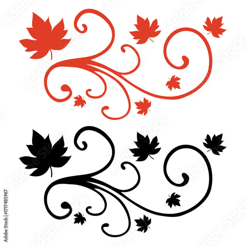 Logo con hoja de arce con filigrana caligráfica. Silueta con florituras para felicitaciones y tarjetas del Día de Acción de Gracias