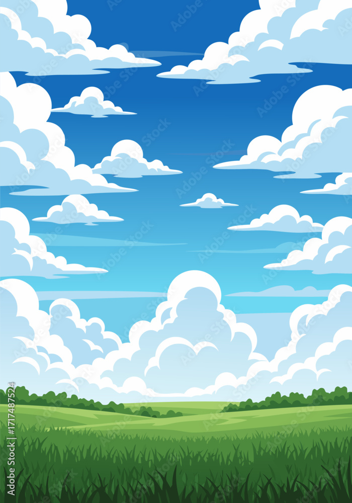 Fototapeta premium Cartoonish Landscape with Green Field and Fluffy Clouds in Blue Sky Vector