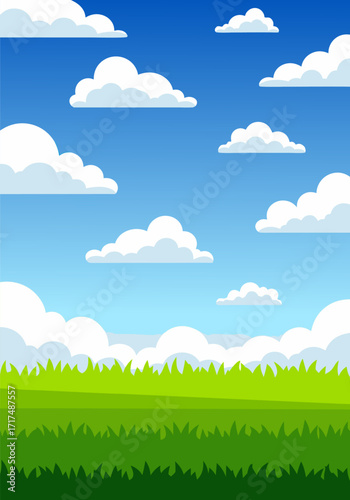Cartoon illustration of a bright blue sky filled with fluffy white clouds, above a vibrant green grassy field, perfect for playful designs