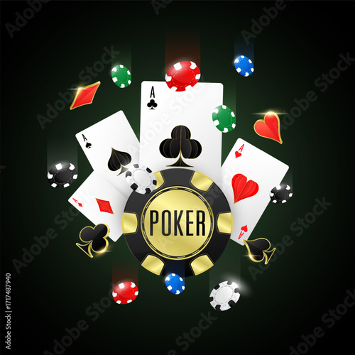 Gold poker chips, cards are on the back with spades heart symbol fall down on black background. Online casino concept. 3D realistic vector.