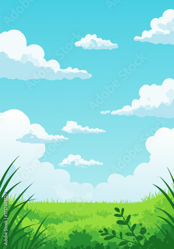 Serene vertical cartoon landscape featuring a verdant grassy meadow under a beautiful clear blue sky with fluffy white clouds background