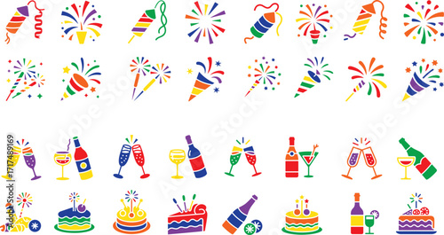 Celebration icons fireworks drinks cakes confetti party poppers