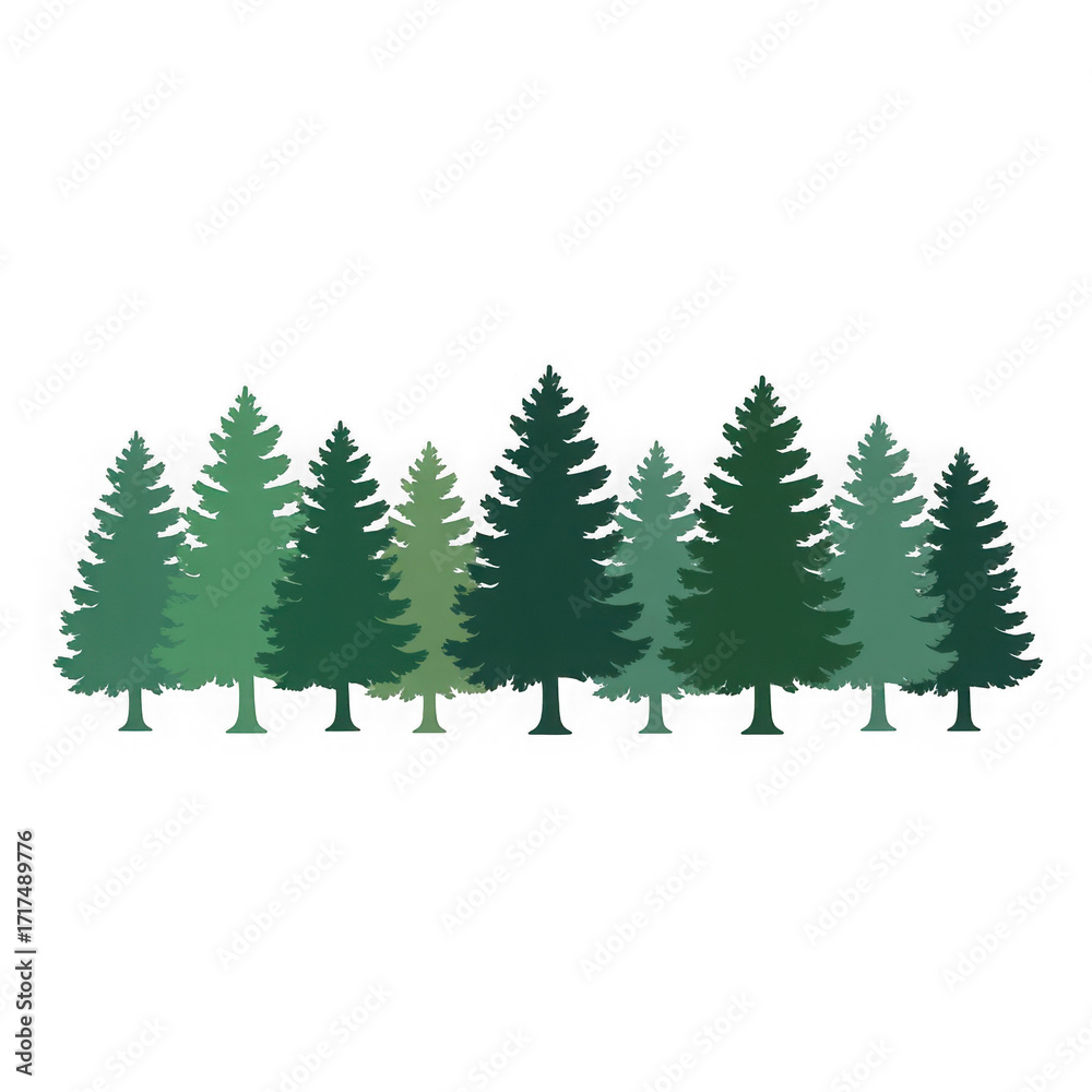 Obraz premium Green evergreen fir pine spruce trees treeline isolated on white and transparent background