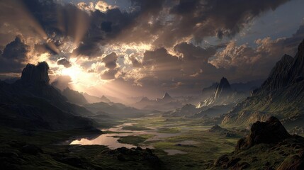Fotobehang Cappuccinokleur Dramatic Sunset over Mountain Valley Landscape with River  © Palapa