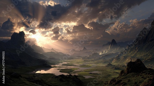 Dramatic Sunset over Mountain Valley Landscape with River