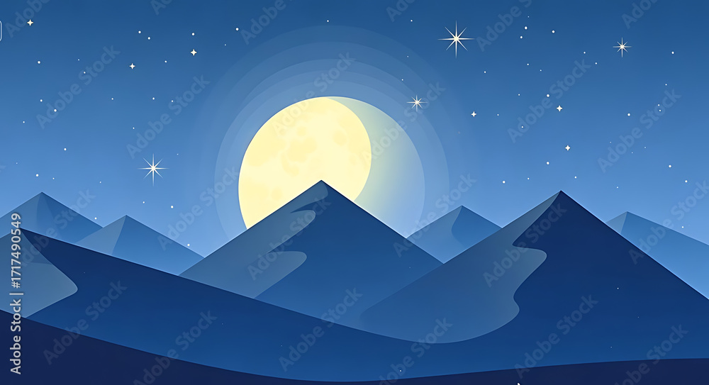 Naklejka premium A bright full moon illuminates the dark silhouette of mountains, while twinkling stars fill the deep night sky. The serene landscape evokes a peaceful and calm ambiance.