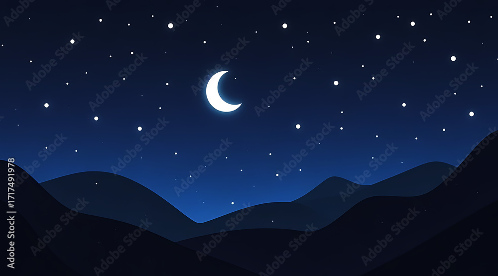 Obraz premium A bright full moon illuminates the dark silhouette of mountains, while twinkling stars fill the deep night sky. The serene landscape evokes a peaceful and calm ambiance.