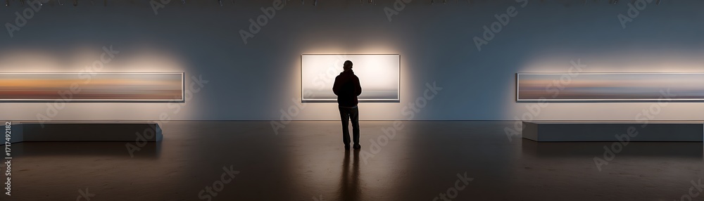 Obraz premium A solitary figure gazes at serene, horizontal abstract art pieces displayed in a modern gallery.