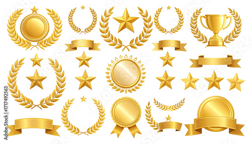 Collection of gold award emblems and ribbons