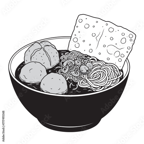 black and white silhouette of bakso vector on white background