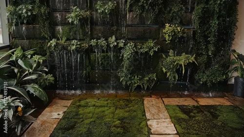 Waterfall cascading down a wall covered in lush greenery