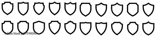 A graphic design element showing a grid of 20 identical, simple, black outline shields, suitable for logos, icons, or other graphic projects needing a symbol of protection or a heraldic style.