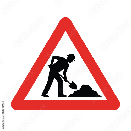 Roadworks ahead warning sign with worker digging