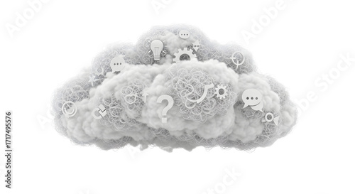 Cloud with Light Bulb Gear and Question Mark Symbols in White and Gray Tones