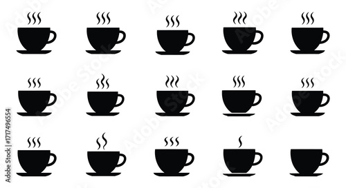 An arrangement of steaming coffee cups in a simple black and white design