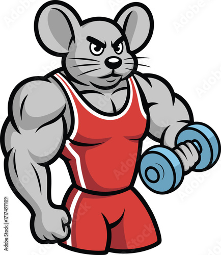 A cartoon muscular mouse lifting a dumbbell, showcasing strength and fitness in an illustration for a gym or sports mascot.