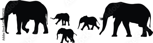 Elephant Family Silhouette. Vector Icon of a Mother Elephant Protecting Her Cubs