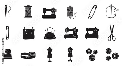 A collection of sewing tools and accessories in simple black silhouettes