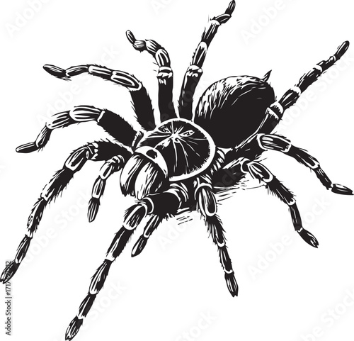Spider tarantula Hand-drawn Vector Illustration, Sketch Drawing Doodle Line Linear Symbol Icon Engraving Coloring Book, Black and White Isolated
